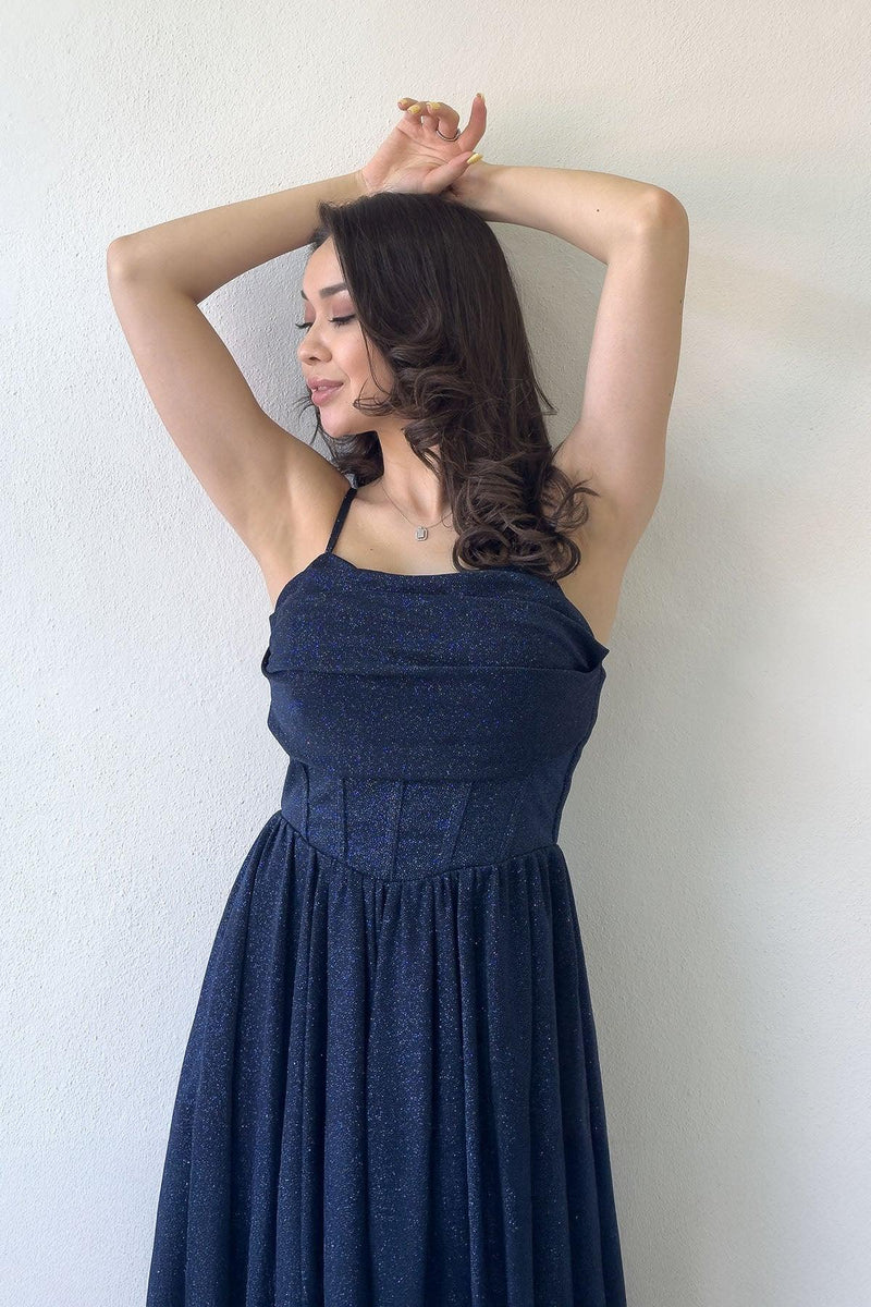 Women's Navy Blue Glitter Draped Detail Strap Mini Flared Evening Gown