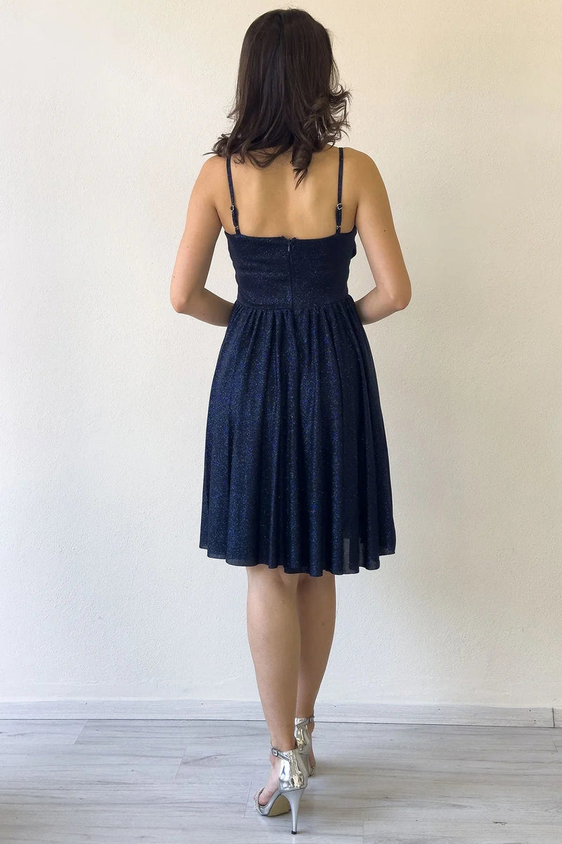 Women's Navy Blue Glitter Draped Detail Strap Mini Flared Evening Gown