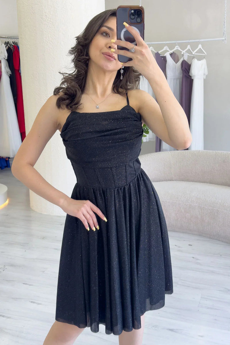 Women's Black Glitter Draped Detail Strap Mini Flared Evening Gown