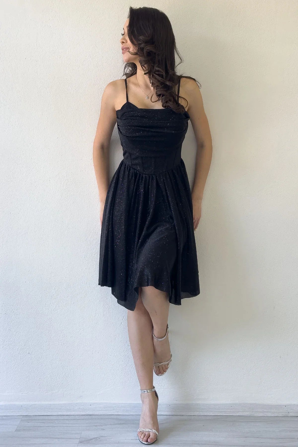 Women's Black Glitter Draped Detail Strap Mini Flared Evening Gown