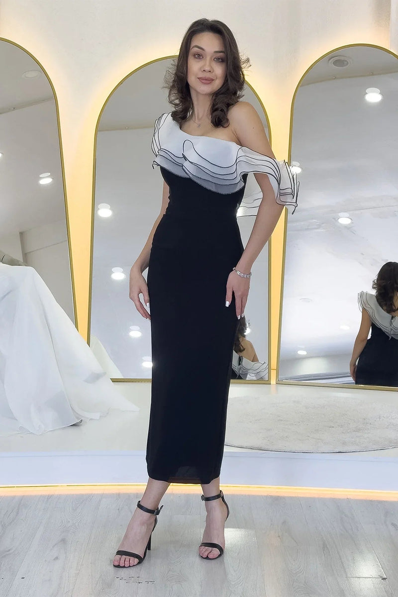 Women's Black Tek Omuz Ruffle Şerit Detail Midi Pencil Dress