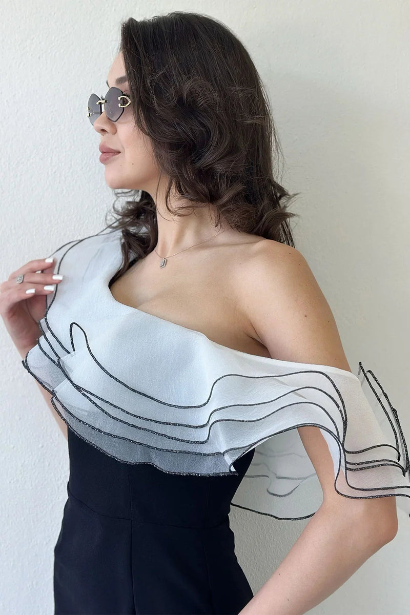 Women's Black Tek Omuz Ruffle Şerit Detail Midi Pencil Dress