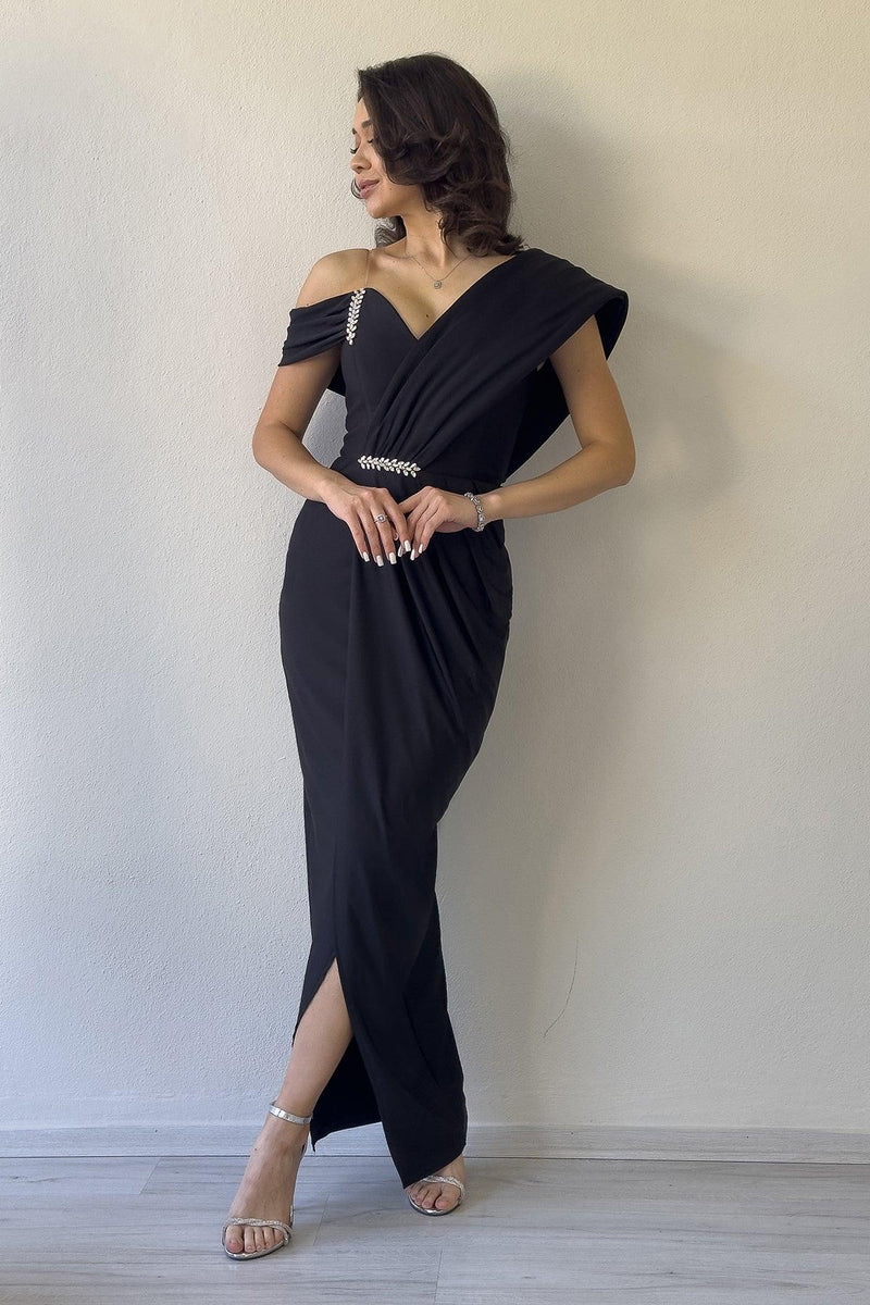 Women's Black Tek Omuz Crystal Embellished Draped Midi Evening Gown