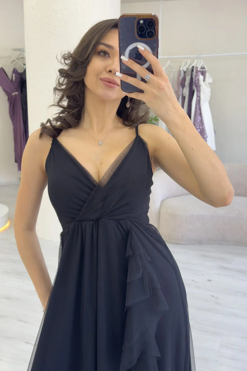 Women's Black Strap Ruffled Yırtmaç Detail Long Chiffon Evening Gown