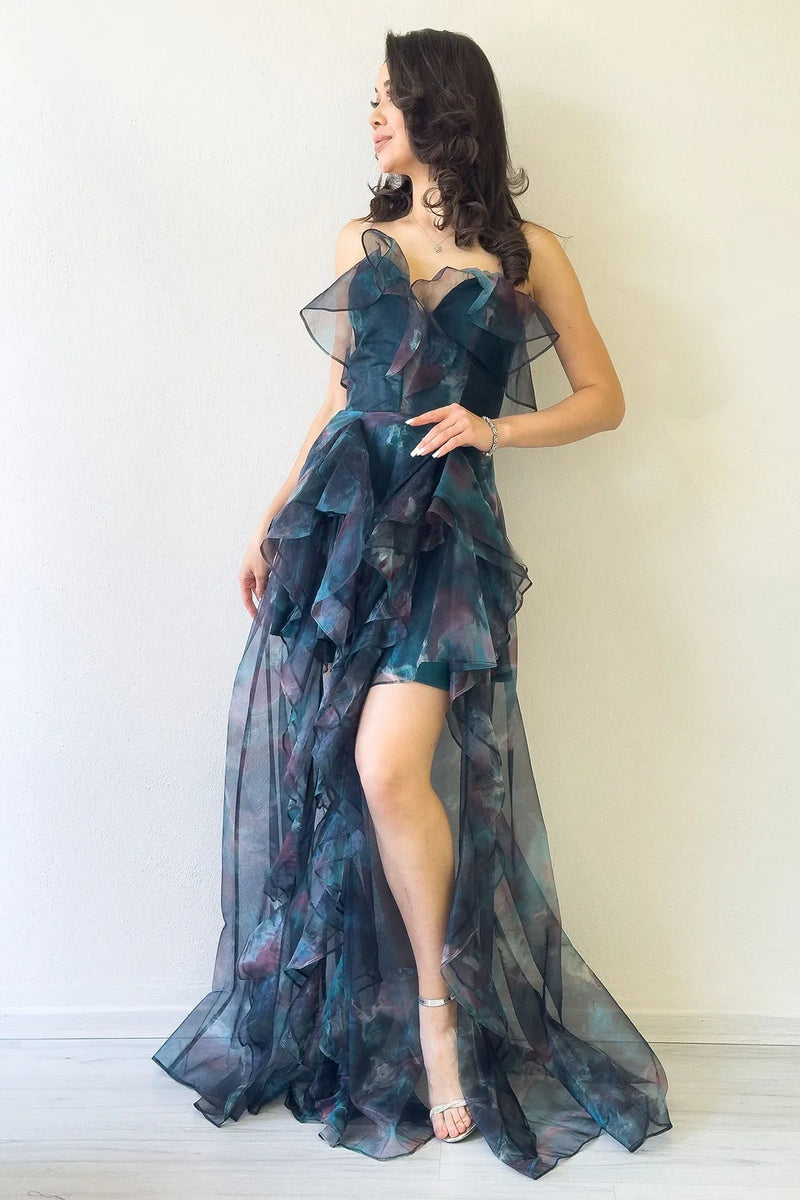 Women's Petrol Tie-Dyeli Strapless Ruffled Evening Gown