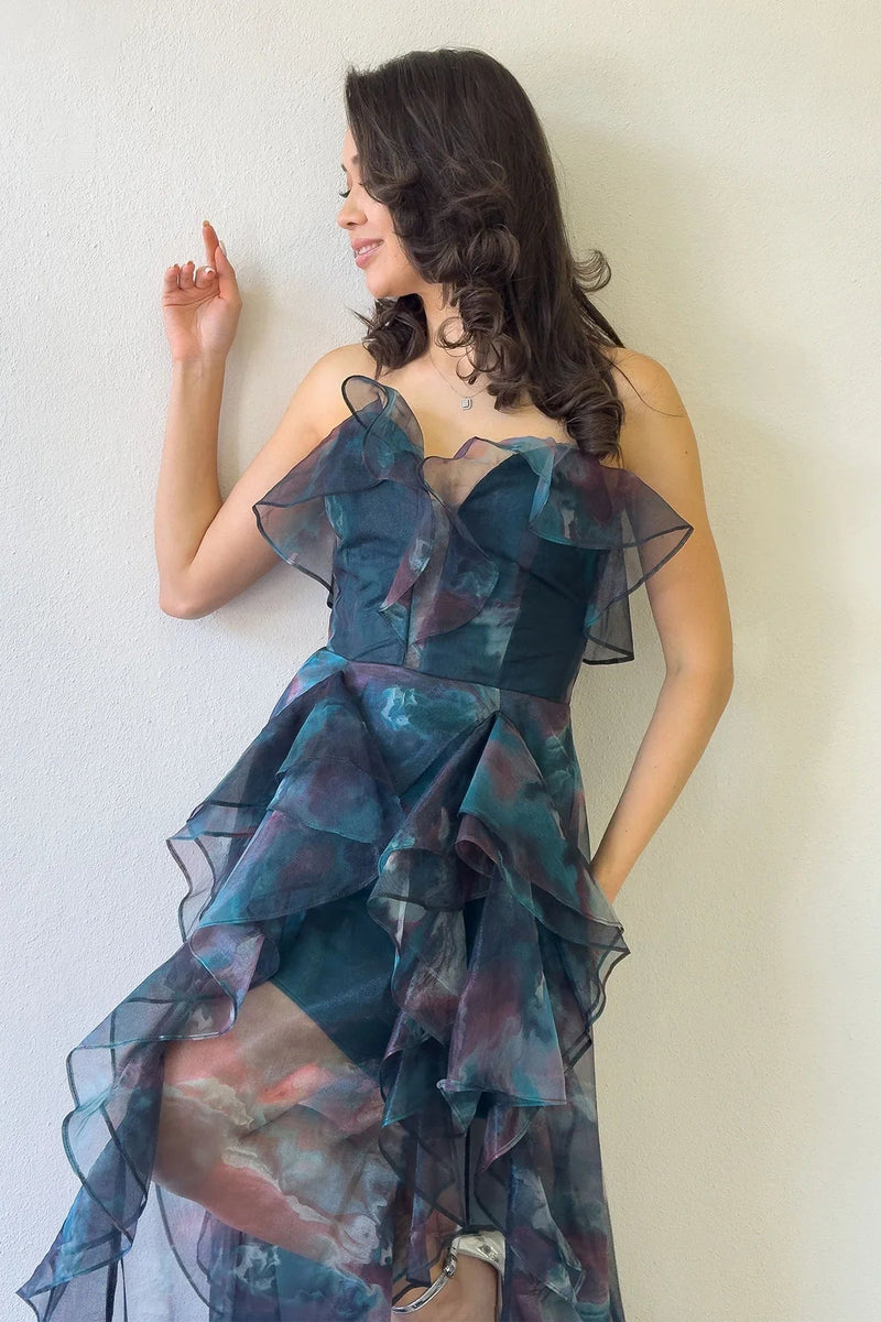 Women's Petrol Tie-Dyeli Strapless Ruffled Evening Gown