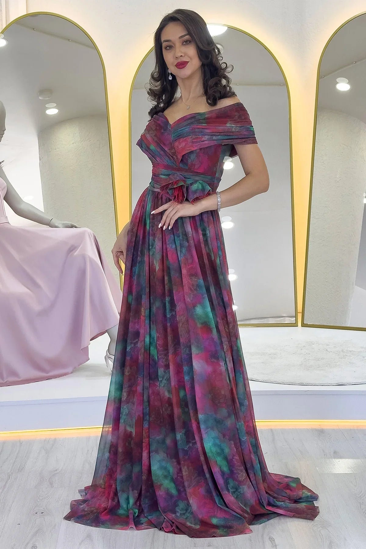 Women's Plum Tie-Dyeli Madonna Collar Patterned Tulle Evening Gown