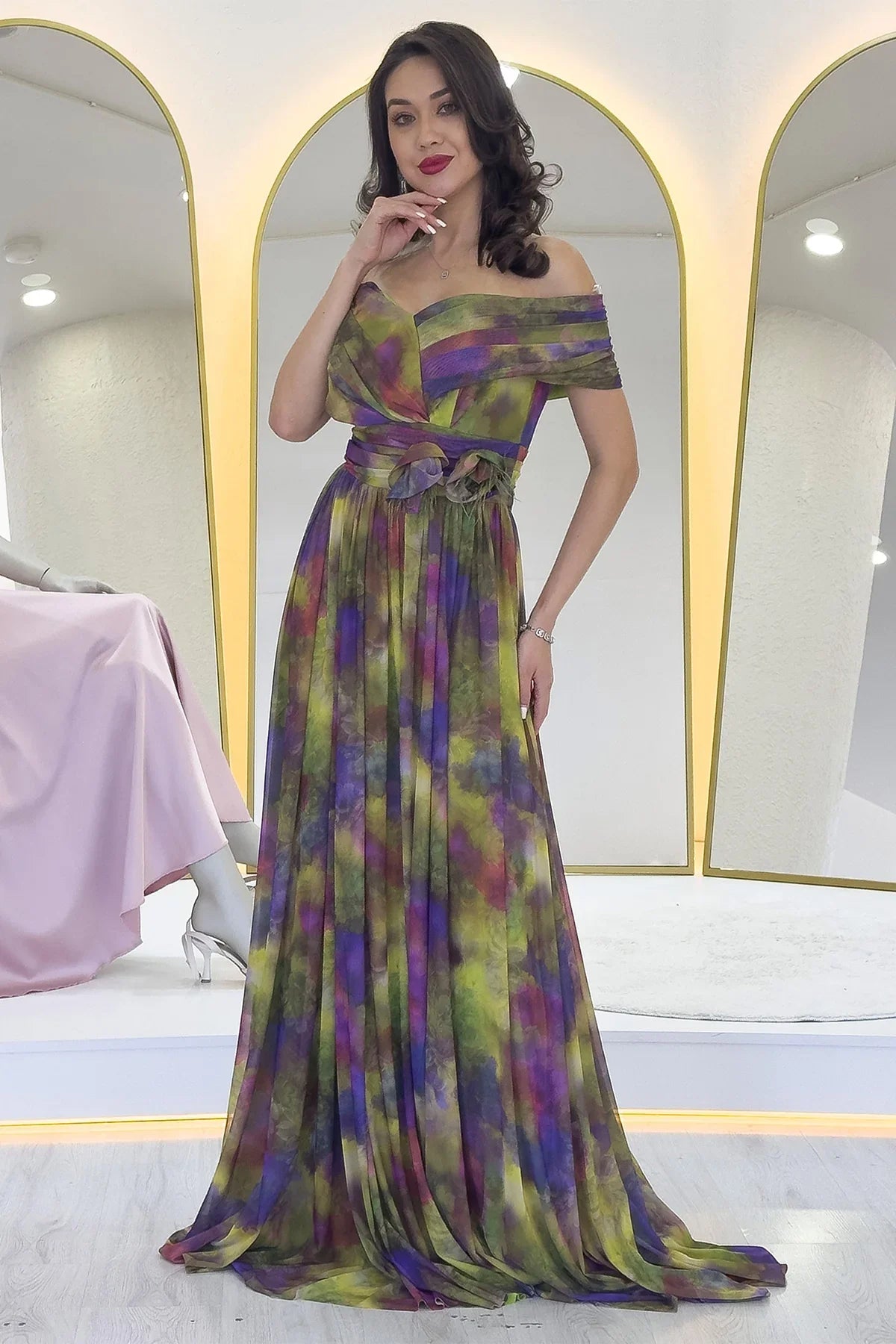 Women's Green Tie-Dyeli Madonna Collar Patterned Tulle Evening Gown