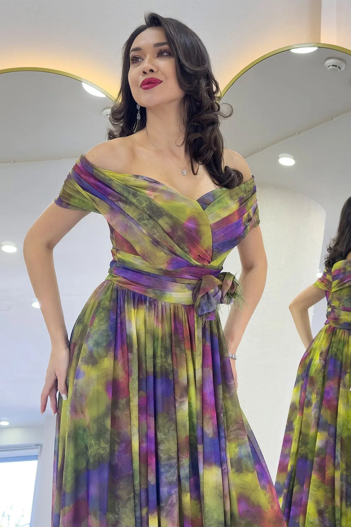 Women's Green Tie-Dyeli Madonna Collar Patterned Tulle Evening Gown