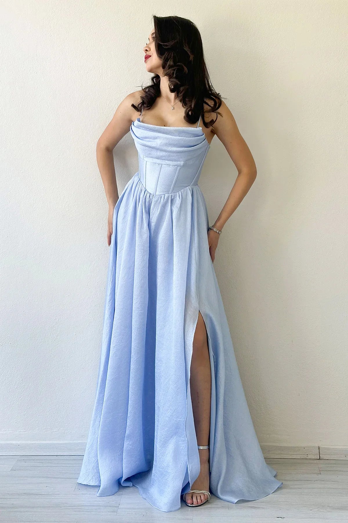 Women's Baby Blue Open Back Corset Detail Slit Evening Gown