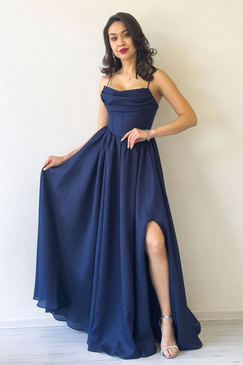 Women's Navy Blue Open Back Corset Detail Slit Evening Gown