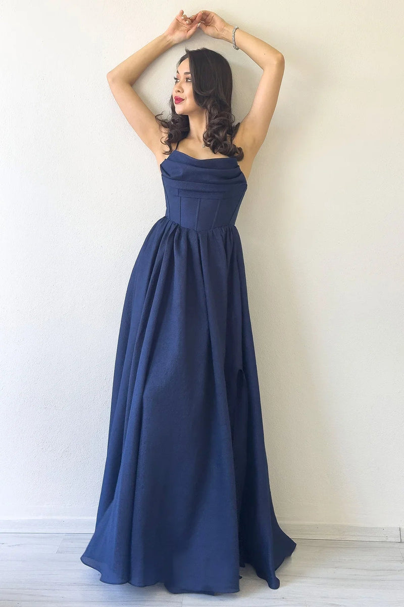 Women's Navy Blue Open Back Corset Detail Slit Evening Gown