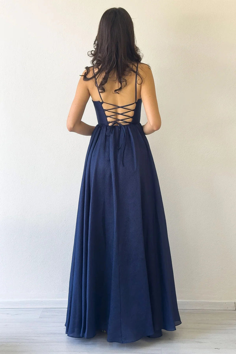 Women's Navy Blue Open Back Corset Detail Slit Evening Gown
