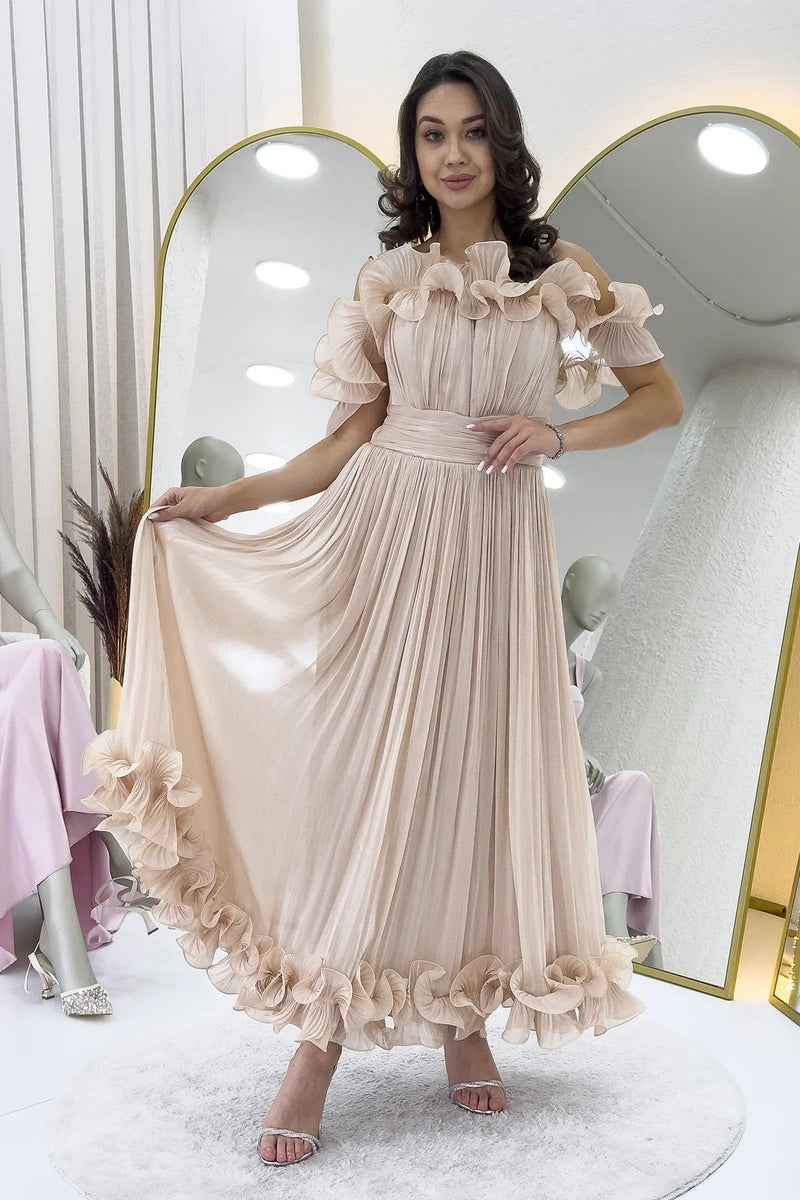 Women's Krem Off-Shoulder Strap Volan Detail Midi Evening Gown