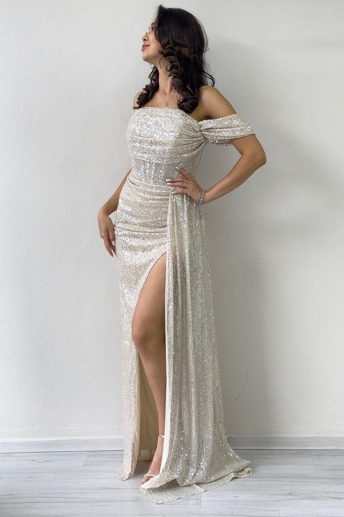 Women's Off-Shoulder Beige Sequin Slit Evening Gown