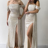 Beige Off-Shoulder Sequin Deep Slit Evening Dress