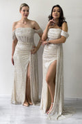 Beige Off-Shoulder Sequin Deep Slit Evening Dress