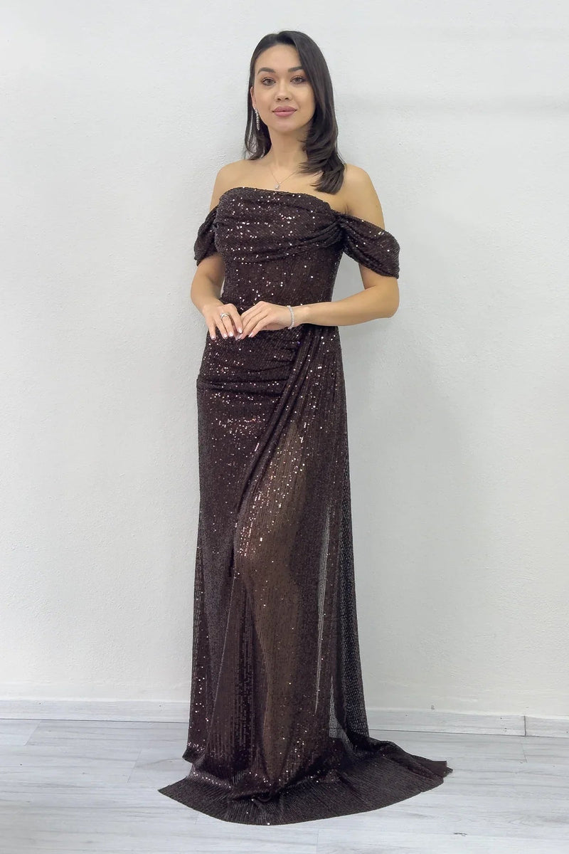 Women's Off-Shoulder Brown Sequin Slit Evening Gown
