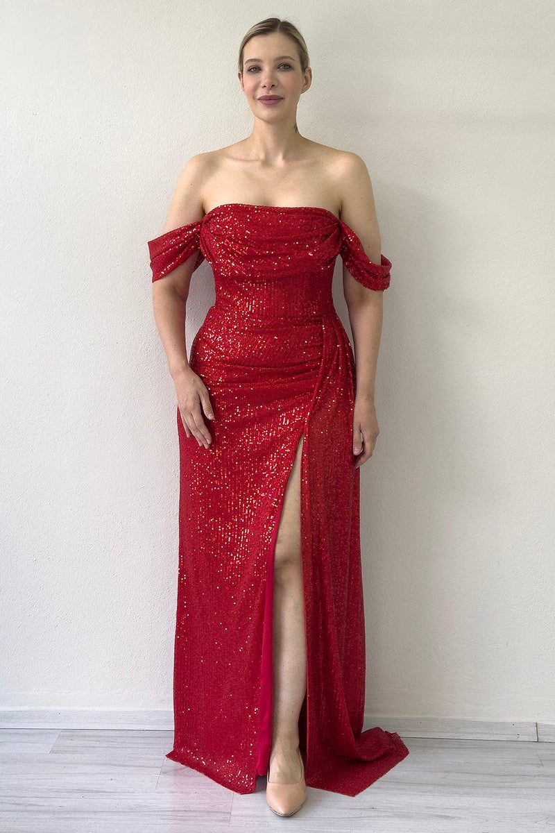 Women's Off-Shoulder Red Sequin Slit Evening Gown