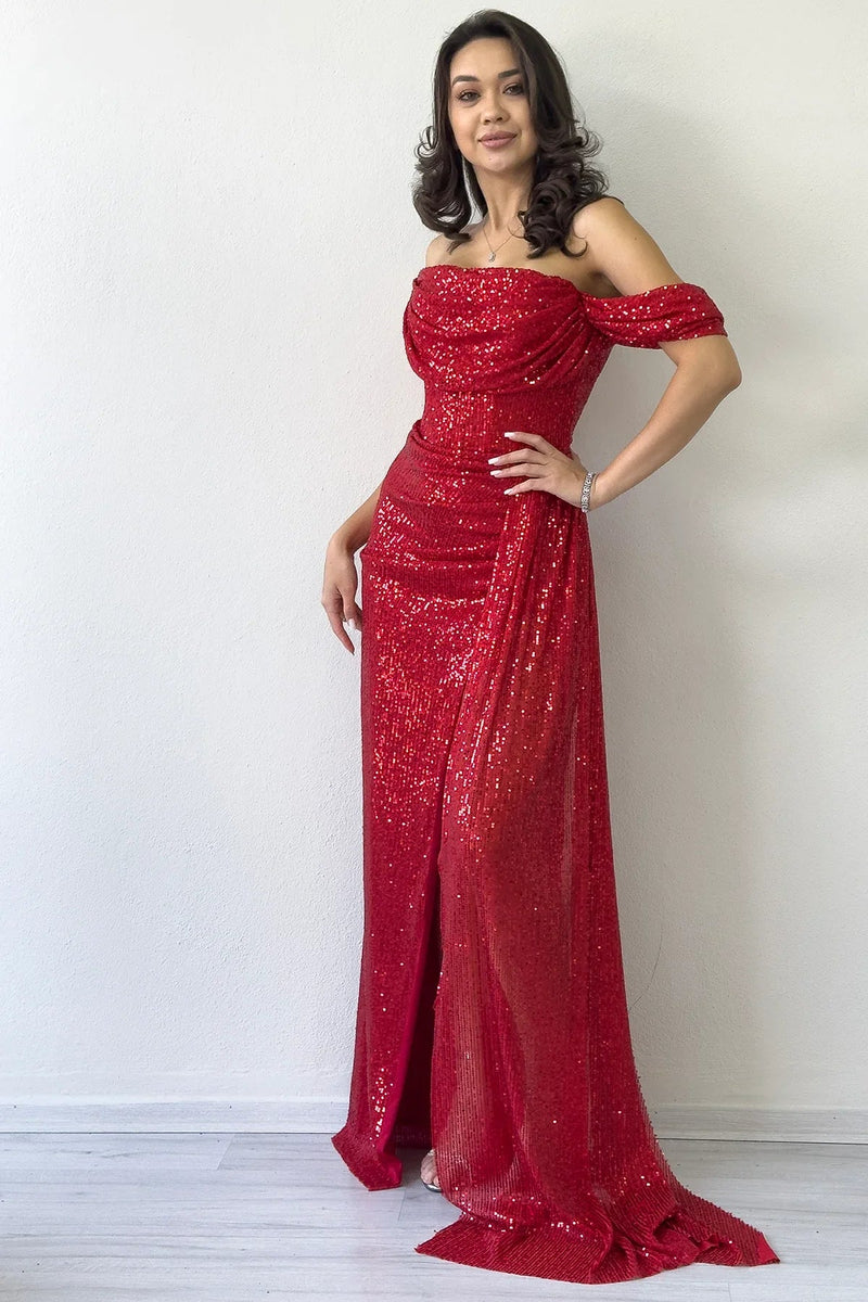 Women's Off-Shoulder Red Sequin Slit Evening Gown