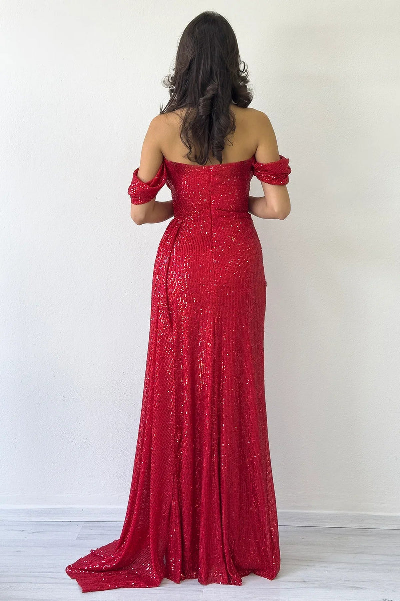 Women's Off-Shoulder Red Sequin Slit Evening Gown