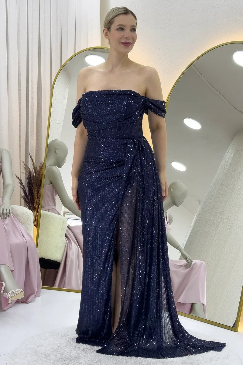 Women's Off-Shoulder Navy Blue Sequin Slit Evening Gown