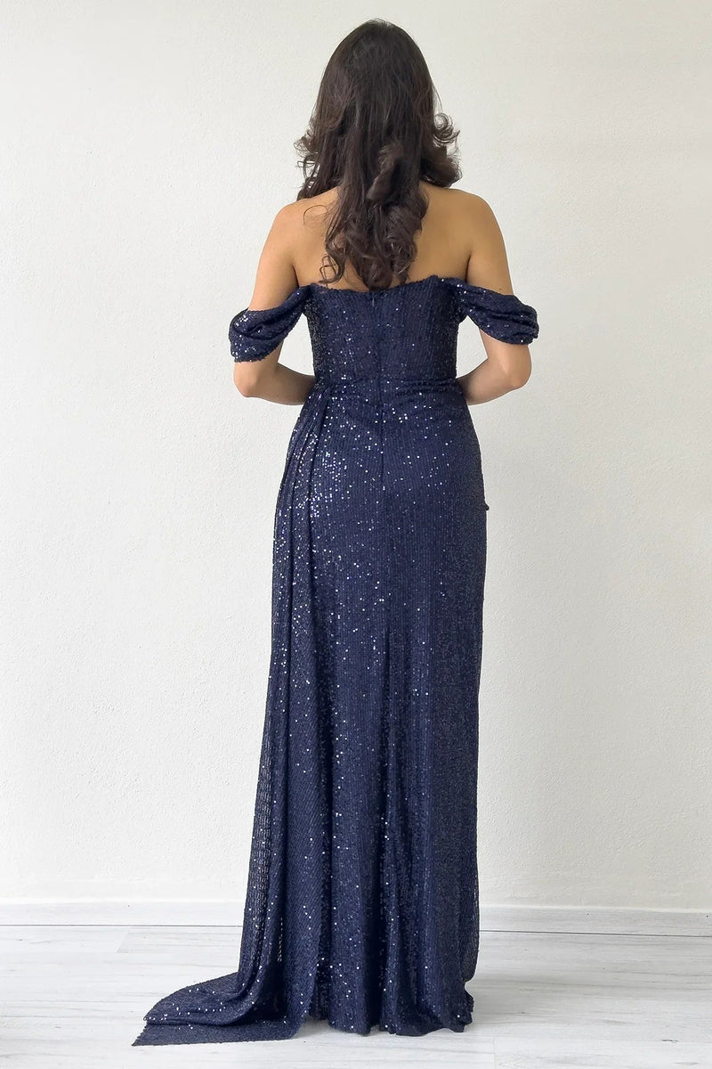 Women's Off-Shoulder Navy Blue Sequin Slit Evening Gown