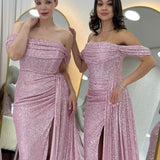 Powder Pink Off-Shoulder Sequin Deep Slit Evening Dress