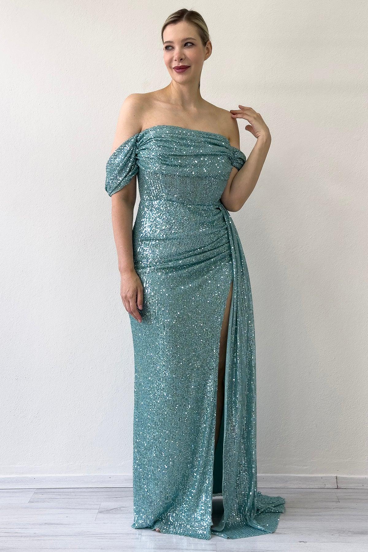 Women's Off-Shoulder Aqua Green Sequin Slit Evening Gown