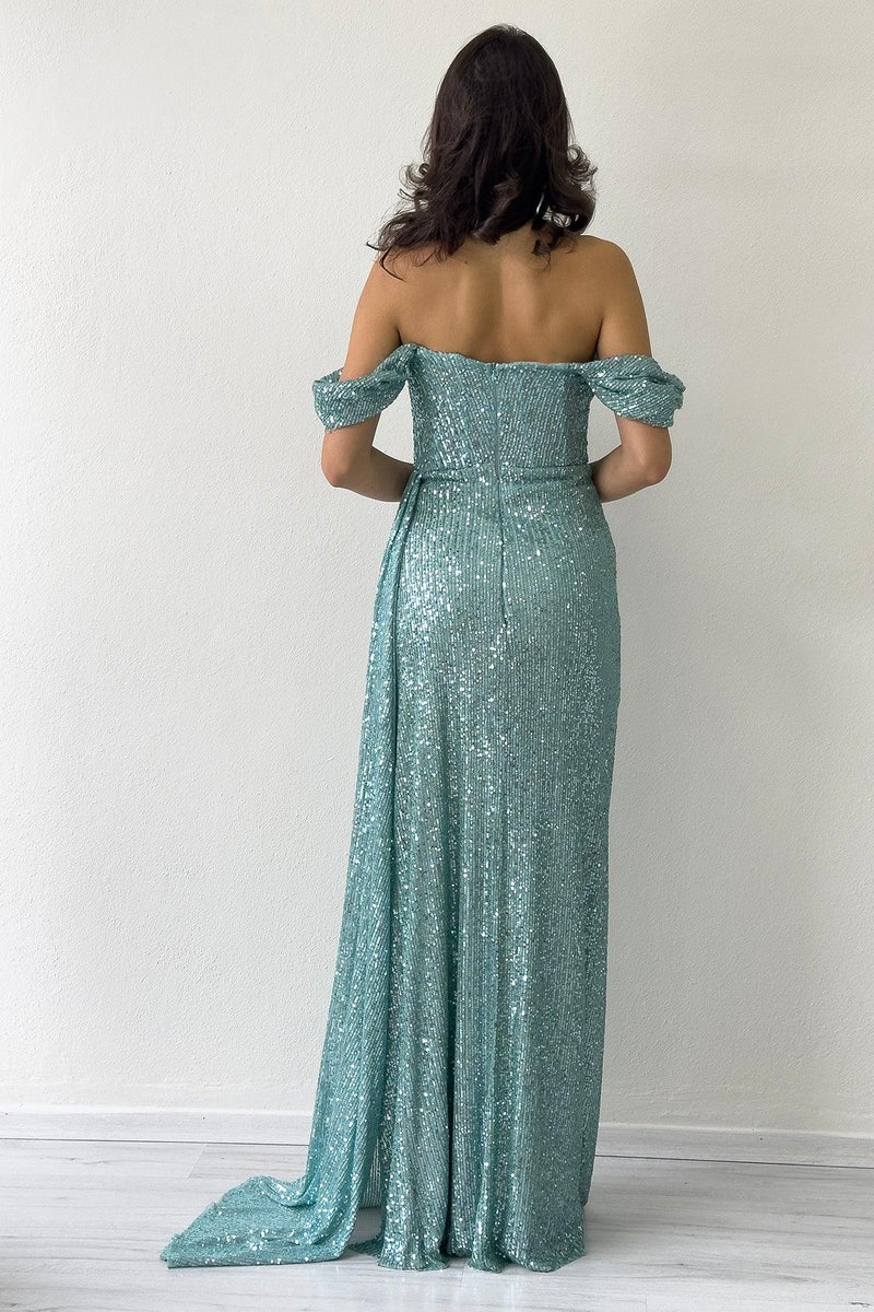 Women's Off-Shoulder Aqua Green Sequin Slit Evening Gown