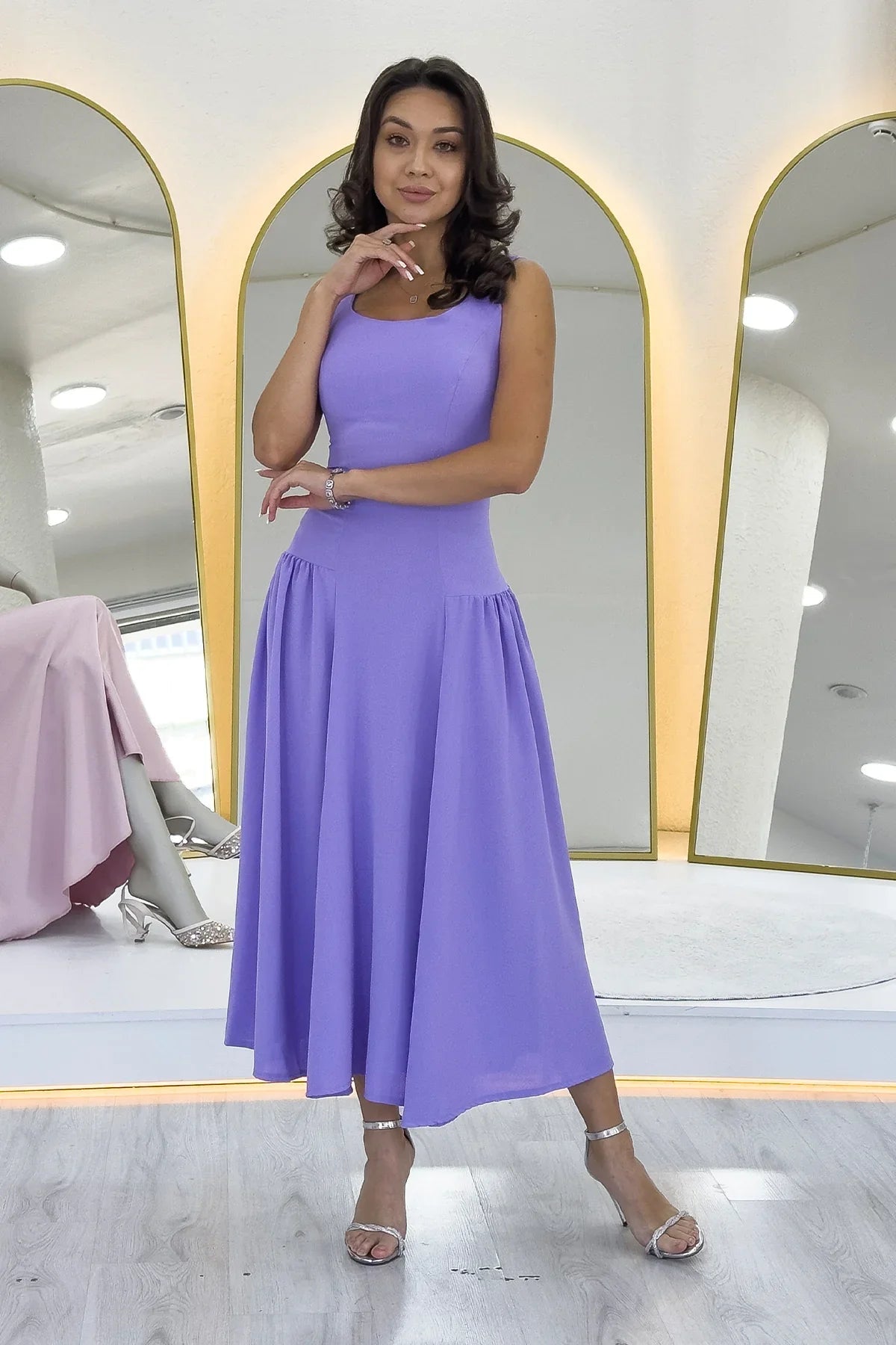 Women's Lilac Square Neck Thick Strap Flared Dress