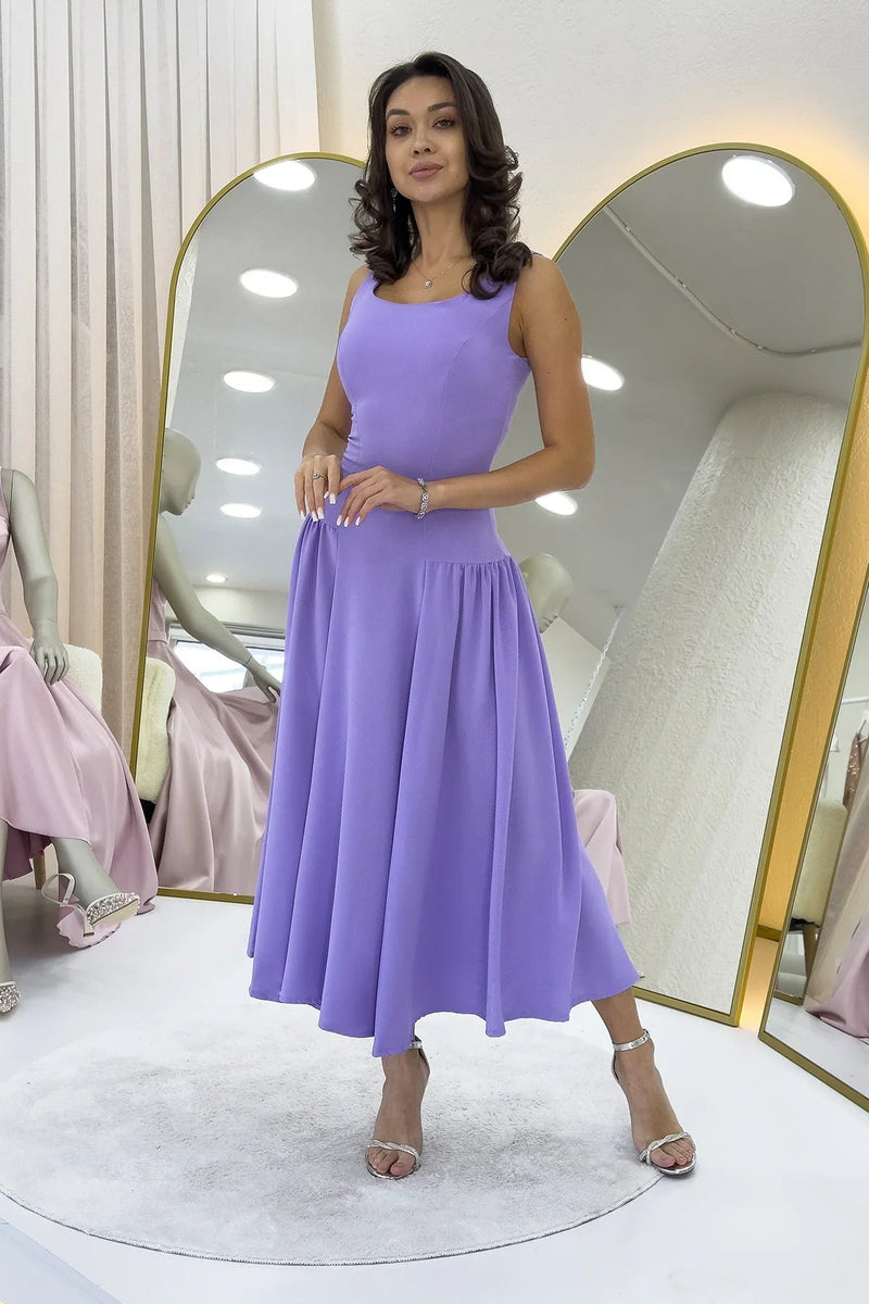 Women's Lilac Square Neck Thick Strap Flared Dress