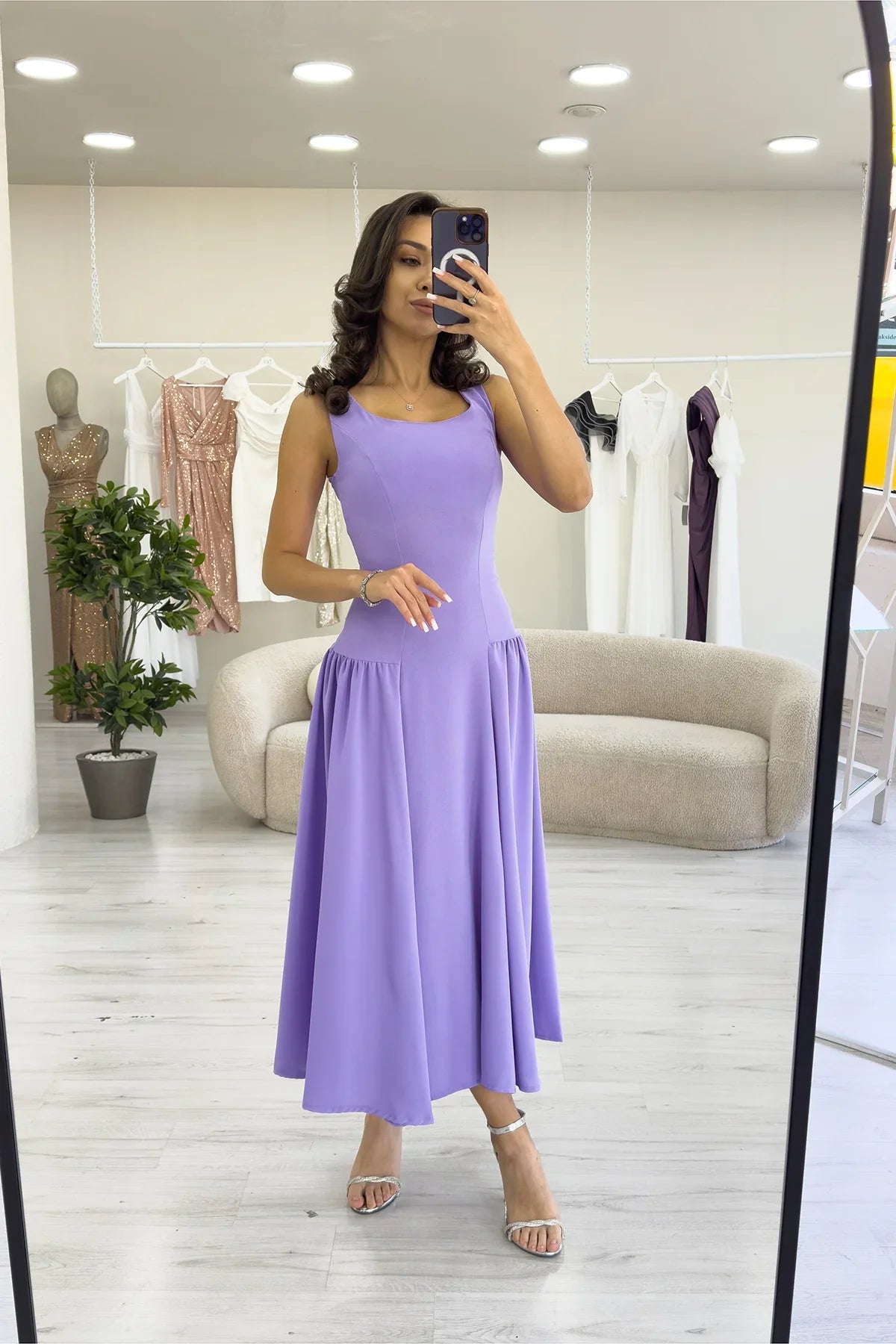Women's Lilac Square Neck Thick Strap Flared Dress