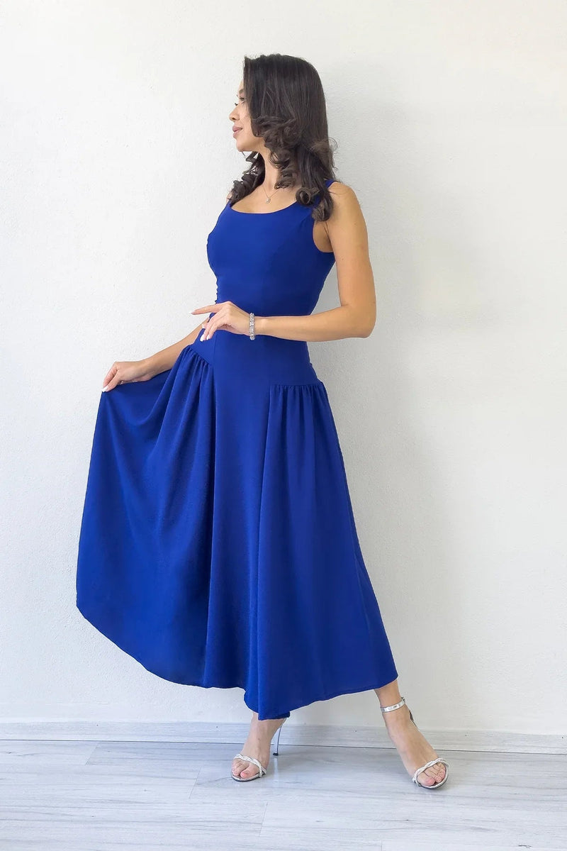 Women's Saxe Blue Square Neck Thick Strap Flared Dress