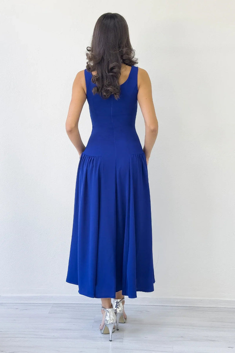 Women's Saxe Blue Square Neck Thick Strap Flared Dress