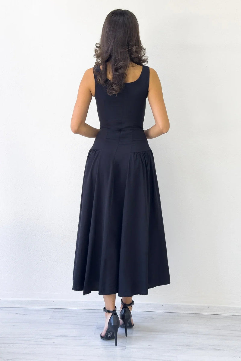 Women's Black Square Neck Thick Strap Flared Dress