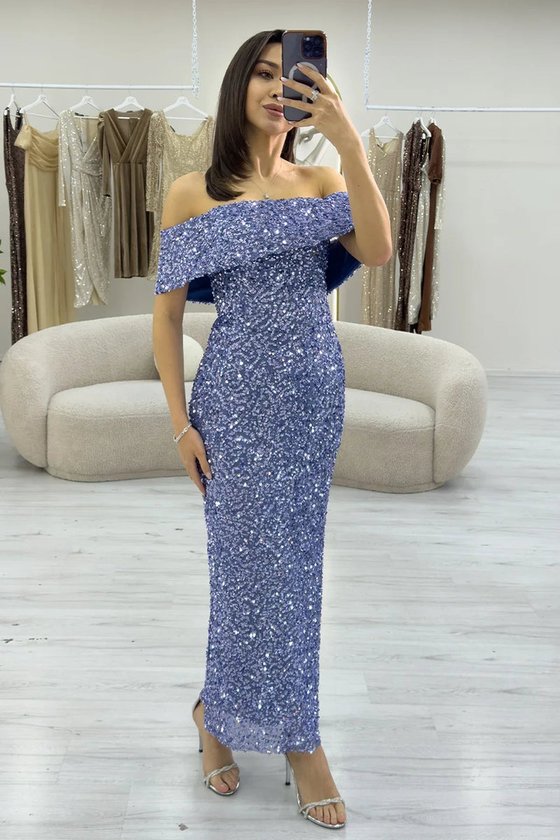 Women's Baby Blue Madonna Collar Sequin Embellished Pencil Midi Evening Gown