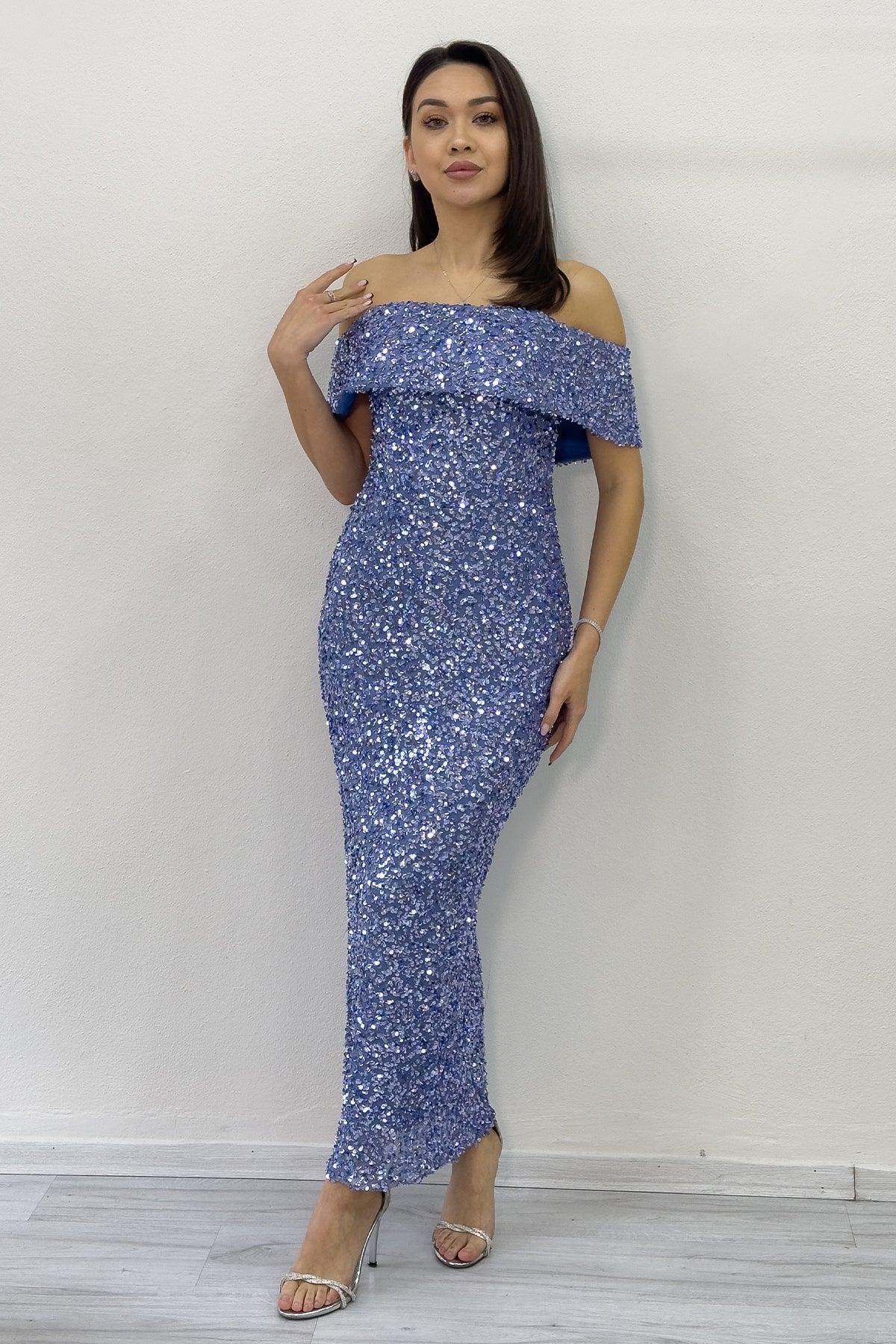 Women's Baby Blue Madonna Collar Sequin Embellished Pencil Midi Evening Gown