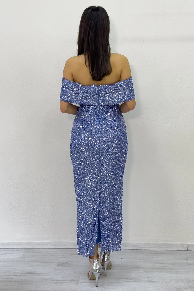 Women's Baby Blue Madonna Collar Sequin Embellished Pencil Midi Evening Gown