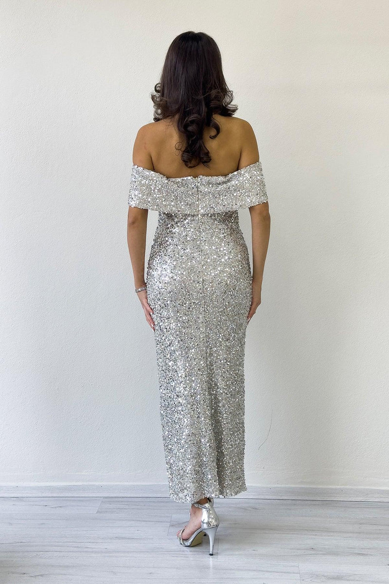 Women's Beige Madonna Collar Sequin Embellished Pencil Midi Evening Gown