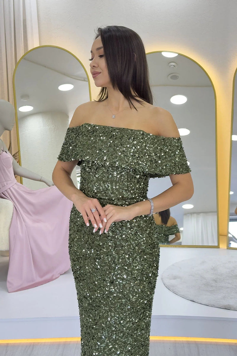 Women's Khaki Madonna Collar Sequin Embellished Pencil Midi Evening Gown