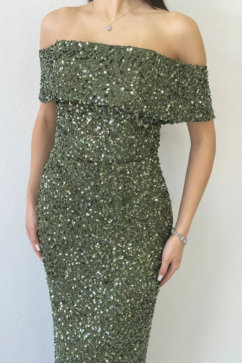 Women's Khaki Madonna Collar Sequin Embellished Pencil Midi Evening Gown