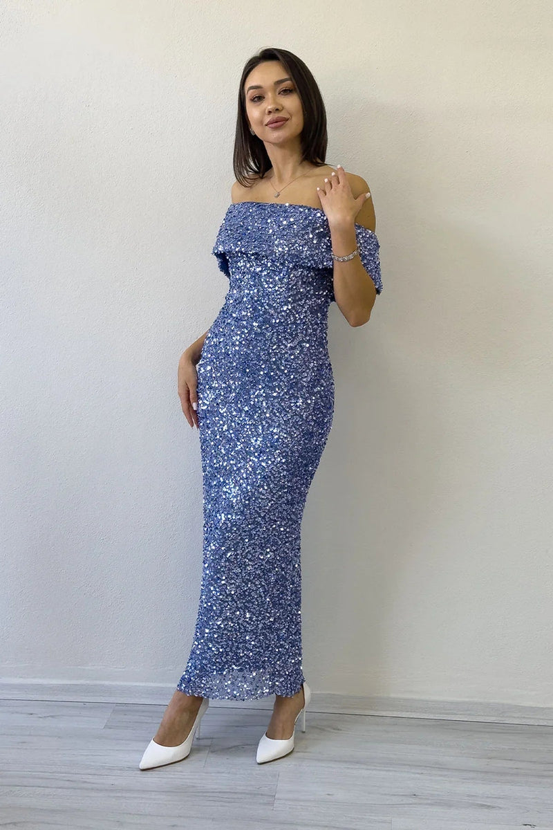 Women's Dark Lilacc Madonna Collar Sequin Embellished Pencil Midi Evening Gown