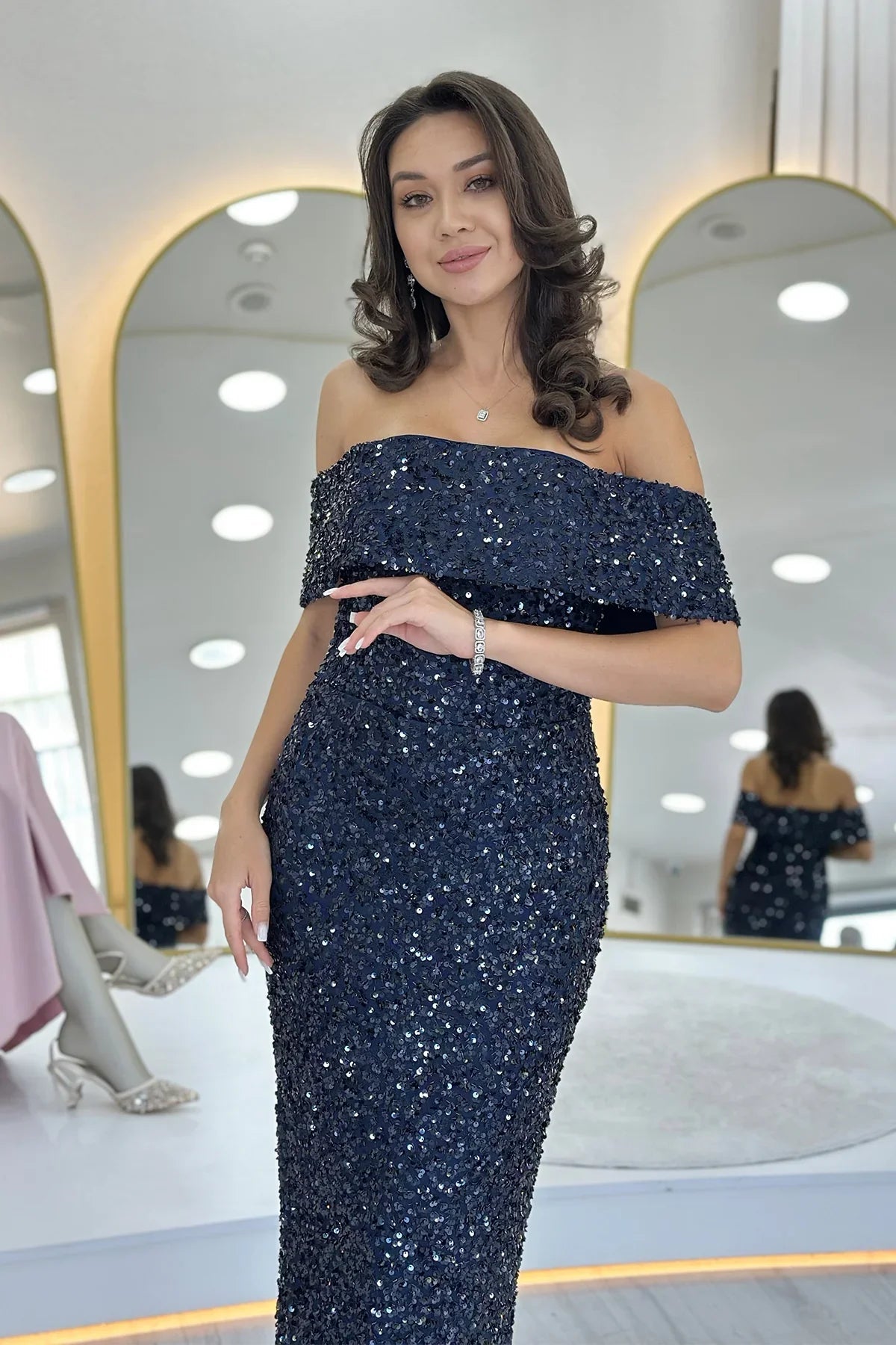 Women's Navy Blue Madonna Collar Sequin Embellished Pencil Midi Evening Gown