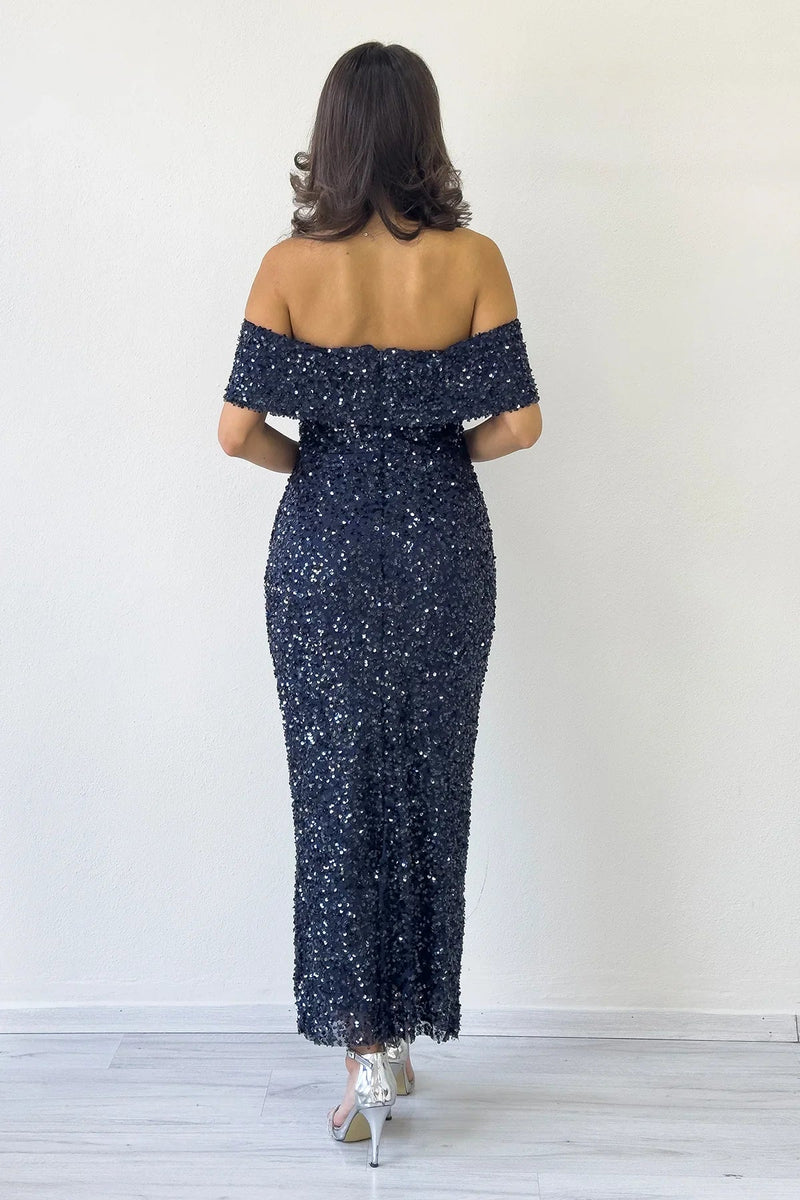 Women's Navy Blue Madonna Collar Sequin Embellished Pencil Midi Evening Gown