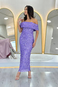 Lilac Off-Shoulder Sequin Midi Evening Dress