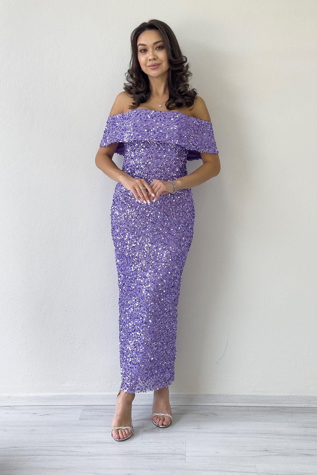 Women's Lilac Madonna Collar Sequin Embellished Pencil Midi Evening Gown