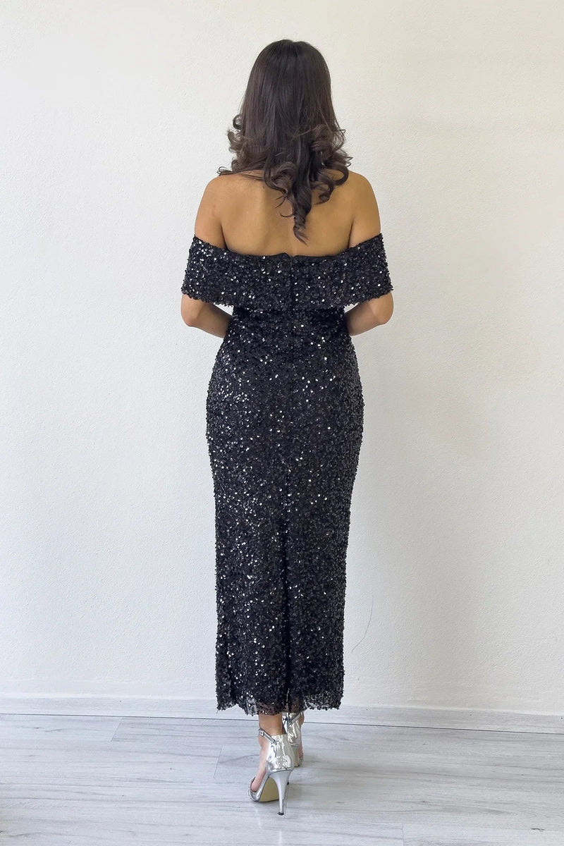 Women's Black Madonna Collar Sequin Embellished Pencil Midi Evening Gown