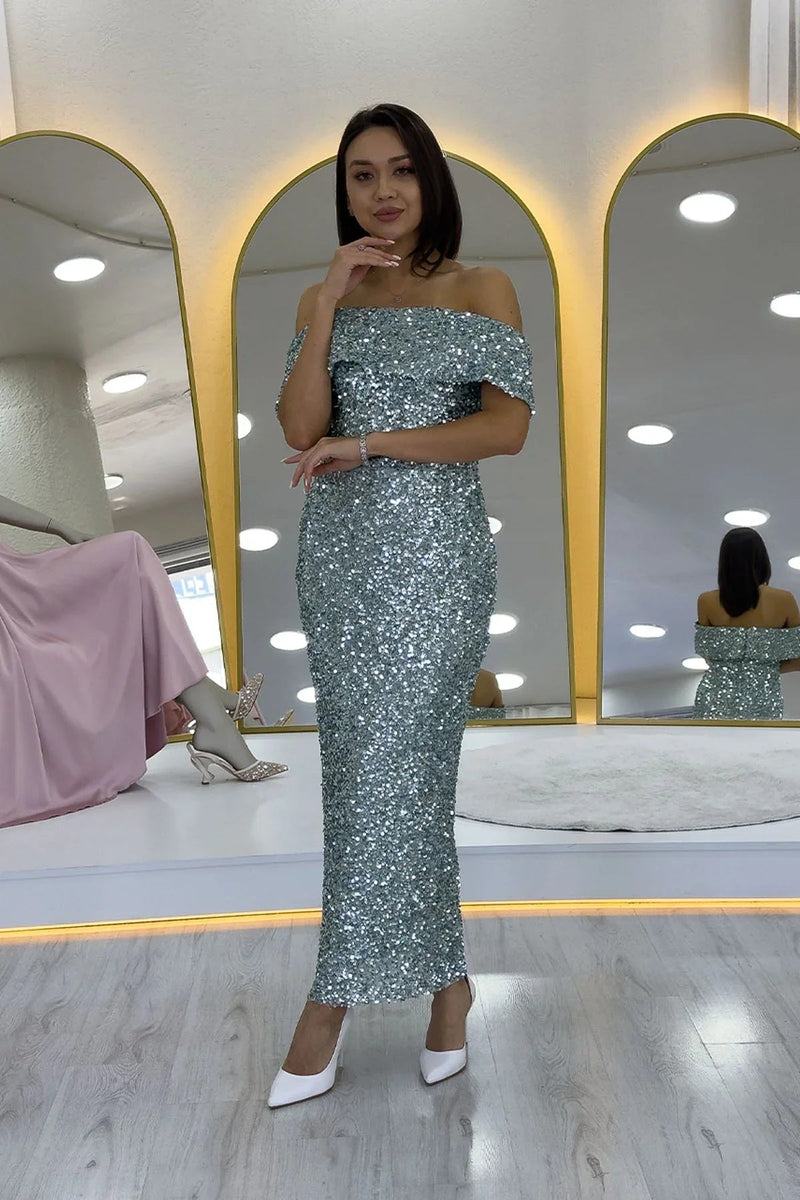 Women's Aqua Green Madonna Collar Sequin Embellished Pencil Midi Evening Gown