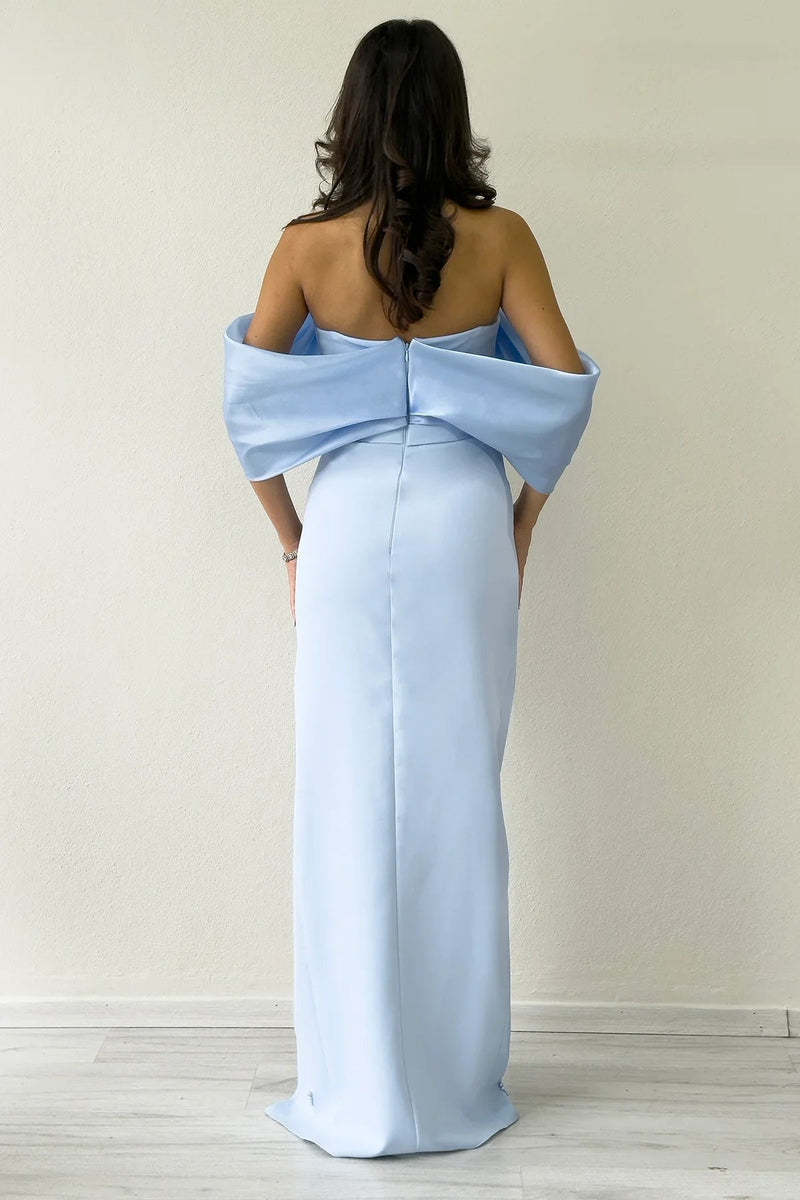 Women's Baby Blue Boat Neck Boncuk Detail Slit Evening Gown